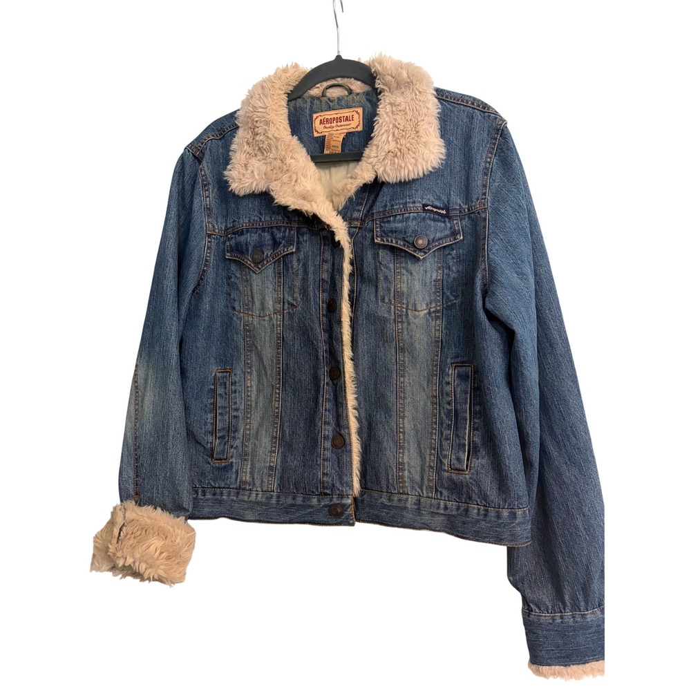 Aeropostale Denim Jacket XL Blue Sherpa Trim Trucker Coat Y2K Boho Western Vtg